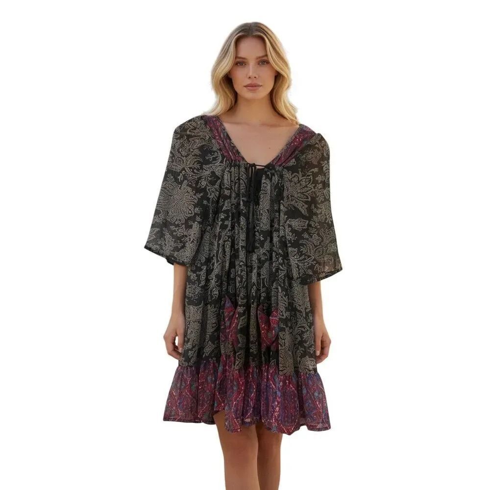 En Creme Women's Size S Oversized Sleeve Ruffled Peasant Dress Paisley Bohemian